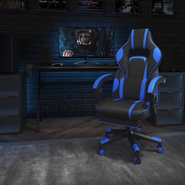 Black/Blue Reclining Gaming Chair with Footrest, Flash Furniture, Mfr#: CH-00288-BL-GG